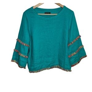 For Cynthia Womens Linen Pullover Top Medium Teal Rainbow Fringe 3/4 Sleeve